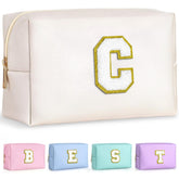 TOPEAST preppy makeup bag with gold chenille patch for personalized style