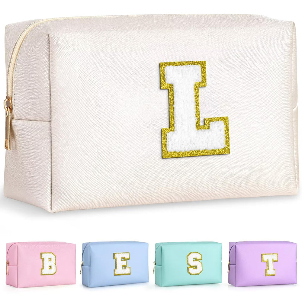 TOPEAST preppy patch makeup bag closeup shows personalized chenille initials for a stylish touch.