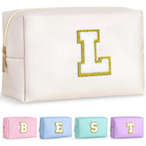 TOPEAST preppy patch makeup bag closeup shows personalized chenille initials for a stylish touch.