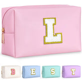 TOPEAST travel makeup bag with pink glitter chenille patch, portable on the go