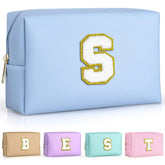 TOPEAST Sky Blue makeup bag front view with personalization patch for stylish everyday use