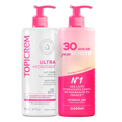 Topicrem Ultra-Moisturizing Body Milk 2 x 500ml back label highlights hydrating ingredients