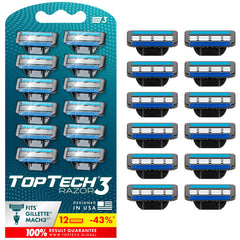 Toptech Razor 3 packaging highlights ready-to-use refills for dependable daily shaves.