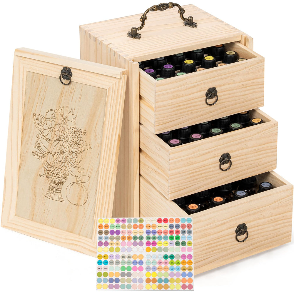 TORIBIO Essential Oils Box front angle shows elegant wood finish for organized aromatherapy storage.