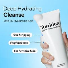 Torriden Dive In cleansing foam bottle pour highlights easy daily wash.