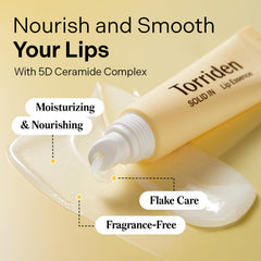 Torriden SOLID In Ceramide Lip Essence aplicación suave para labios con sequedad.