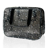 TotePrint Black Holographic Star bag front view for organized travel makeup.