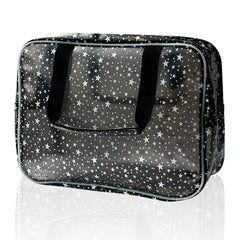 TotePrint Black Holographic Star bag front view for organized travel makeup.