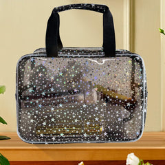 TotePrint Black Holographic Star cosmetic bag zipper closeup enabling quick access.