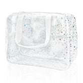 TotePrint holographic star cosmetic bag front view with transparent PVC for quick item visibility