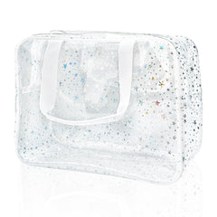 TotePrint holographic star cosmetic bag front view with transparent PVC for quick item visibility