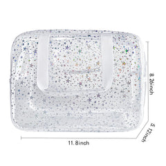TotePrint holographic star cosmetic bag side view showing durable waterproof PVC