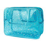 TotePrint holographic star large blue front view showcases roomy interior for cosmetics.