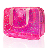 TotePrint hot pink star bag front view highlights stylish travel-ready cosmetics organizer.