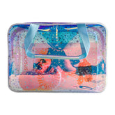 TotePrint TPU Holographic Blue Star bag front view for quick item checks while traveling.