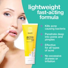 TOUCH benzoyl peroxide 2.5% gel texture closeup shows lightweight, non-irritating finish.