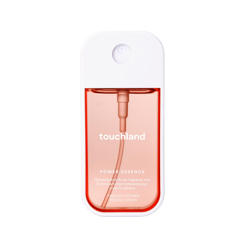 Touchland Peachy Lychee mist bottle showcases travel-friendly packaging for on-the-go freshness.