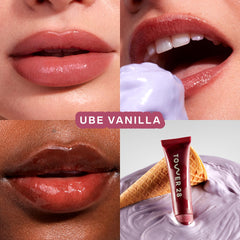 Tower 28 LipSoftie sheer burgundy gloss swatch adds natural tint