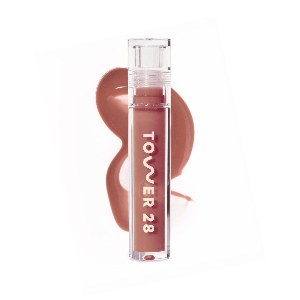 Tower 28 ShineOn Milky Lip Jelly Cashew bottle highlights milky rosy brown shade