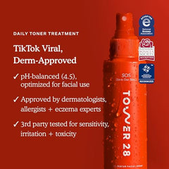 Tower 28 SOS after-cleansing-application bottle shows easy day and night routine