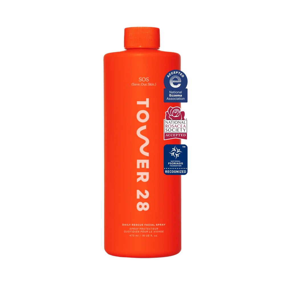 Tower 28 SOS Daily Rescue facial spray bottle for portable calming mist.