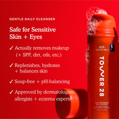 Tower 28 SOS Gel Cleanser label closeup highlighting fragrance-free formula