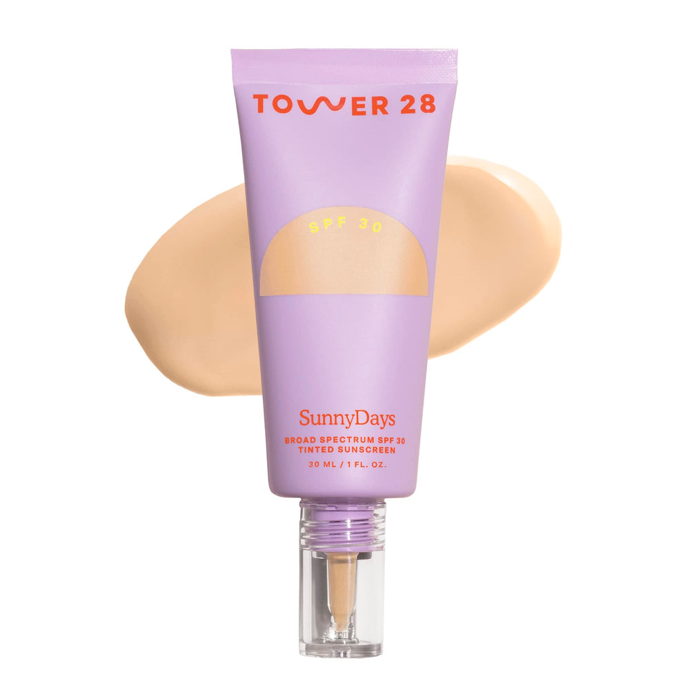 Tower 28 SunnyDays SPF 30 bottle shows tinted sunscreen for all-day sun protection