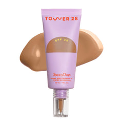 Tower 28 SunnyDays SPF 30 tinted sunscreen jar closeup showing portable protection and texture