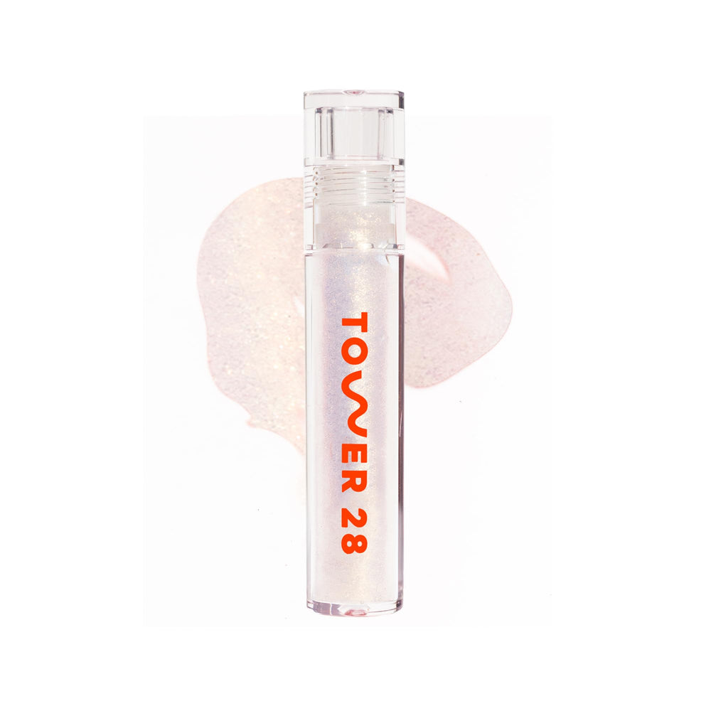 Tower 28 ShineOn Lip Jelly Magic hero application on lips delivers hydrating, non-sticky shine.