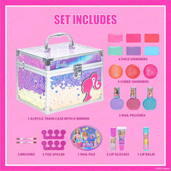 Townley Girl Barbie Train Case open inside showcases included polishes and brushes for pretend spa sessions.