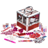 Townley Girl Hello Kitty train case open shows organized makeup storage for pretend play.