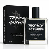 Toxically Masculine bottle front promotes confident daily presence.