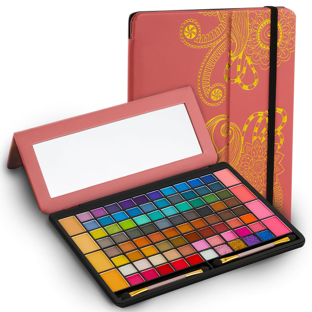 Toysical All In One Makeup Kit leather case open reveals organized makeup for on-the-go use.