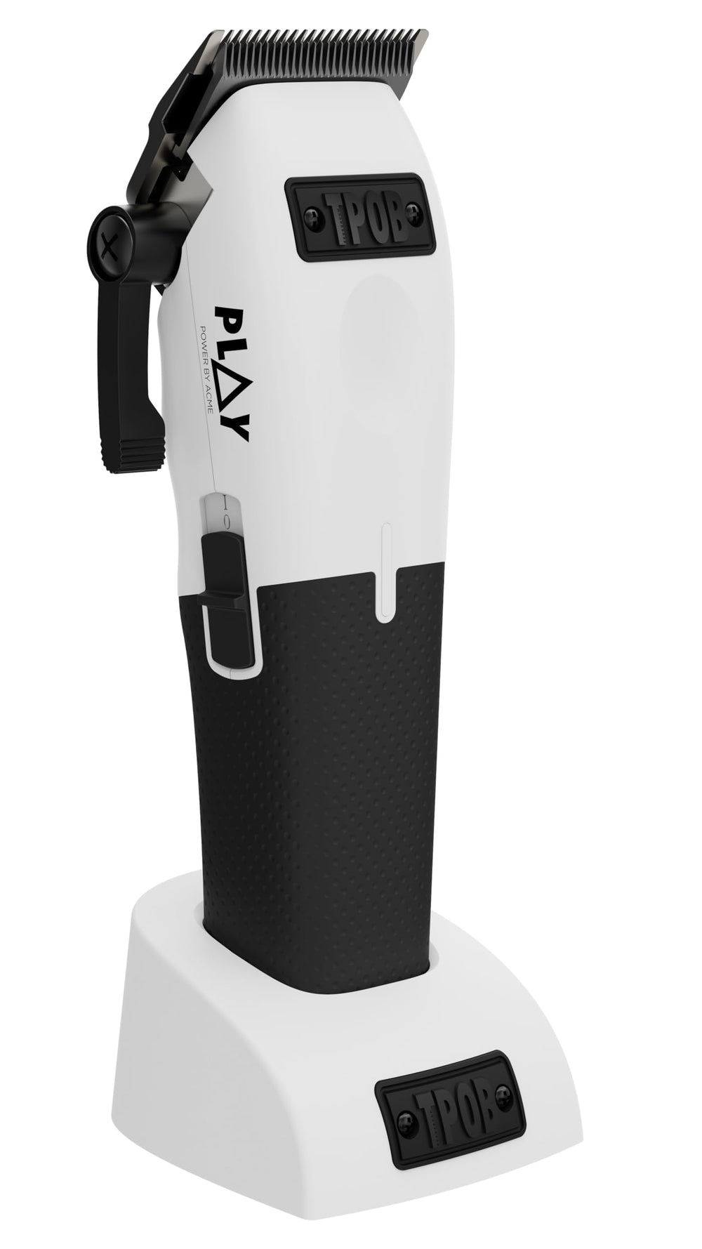 TPOB Play Barber blade close-up with oil reservoir for smooth cuts.