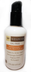 Trader Joe's Nourish Oil-Free Moisturizer bottle demonstrates lightweight, non-greasy hydration.