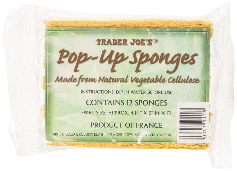 Trader Joe's pop up sponges natural vegetable cellulose 12-pack show absorbent cleaning power for dishes and surfaces.