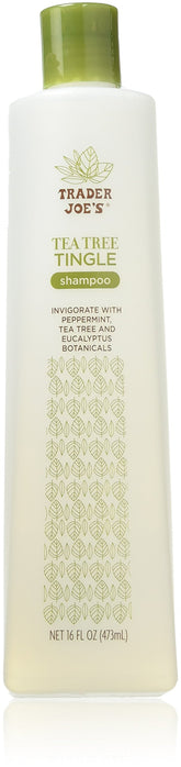 Trader Joe's Tea Tree Tingle Shampoo bottle showing peppermint-tingle action for refreshed scalp