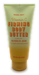 Trader Joe's Vitamin C Firming Body Butter jar with citrusy scent and lightweight hydration