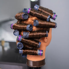 Traininghead brown mannequin head hair detail highlights 20-22 inch length for realism.