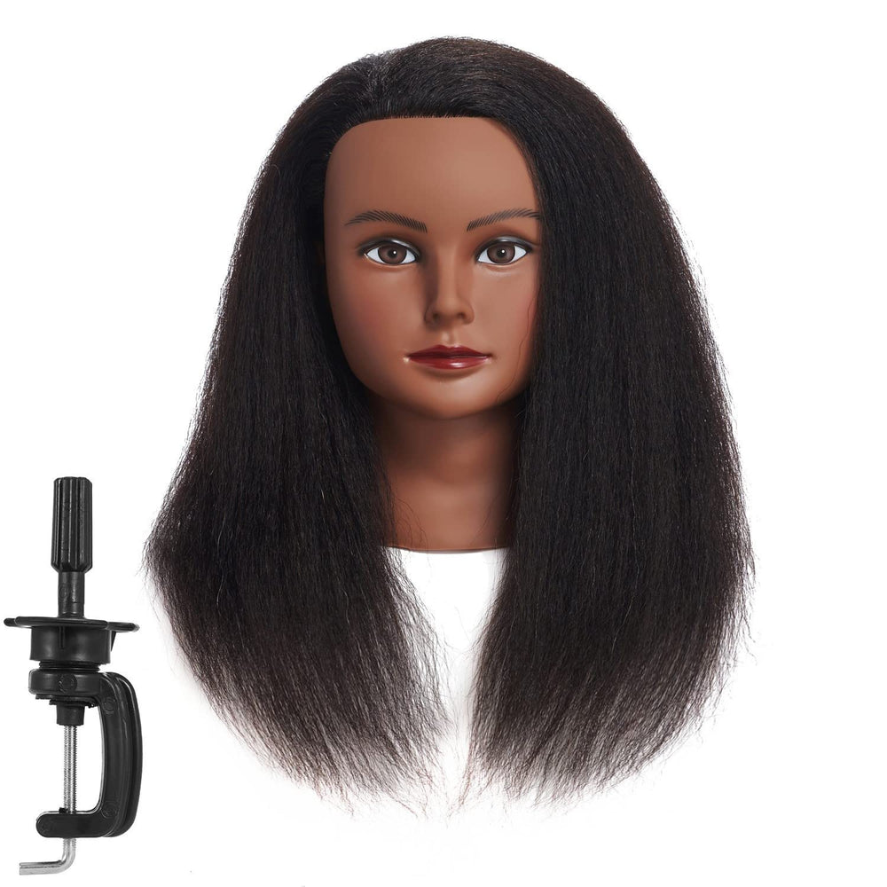 Traininghead mannequin head close-up with 14-inch black real hair for professional practice.