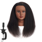 Traininghead mannequin head close-up with 14-inch black real hair for professional practice.