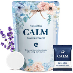TranquilBliss shower steamers lavender pack closeup, calming aroma for daily relaxation.