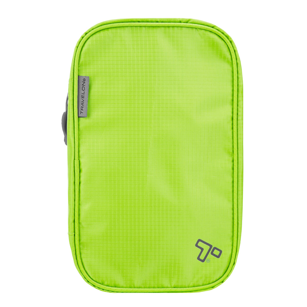 Travelon compact hanging toiletry kit closed shows organized pockets for quick packing.