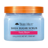 Tree Hut Exotic Bloom Sugar Scrub bottle shows exfoliation for glowing skin.