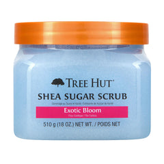 Tree Hut Exotic Bloom Sugar Scrub bottle shows exfoliation for glowing skin.