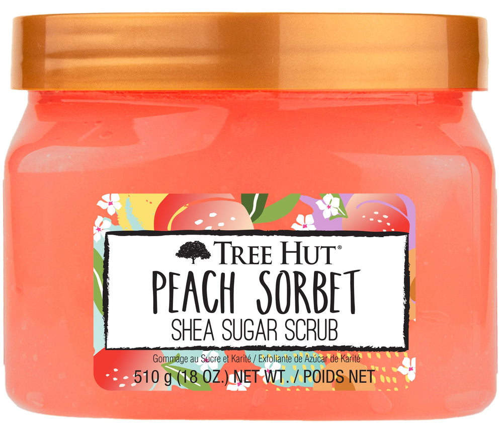Tree Hut Peach Sorbet Scrub packaging highlights peach scent and exfoliation