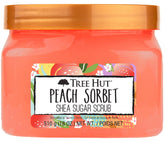 Tree Hut Peach Sorbet Scrub packaging highlights peach scent and exfoliation