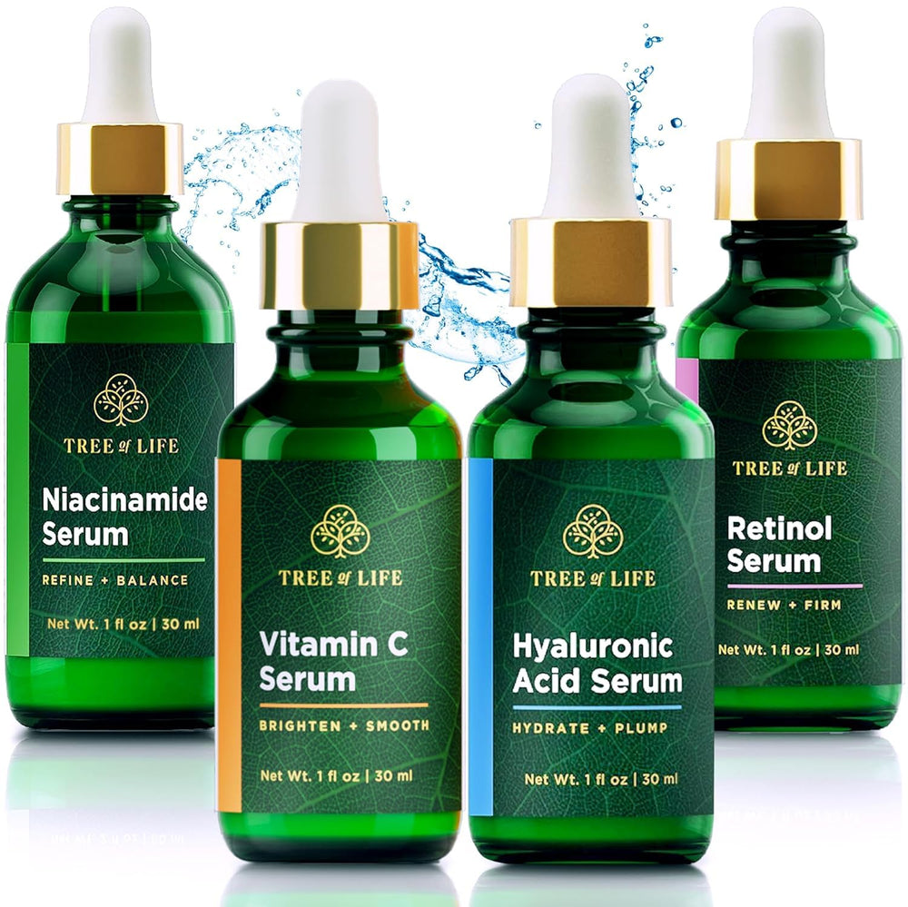 Tree of Life Beauty facial skincare set packaging highlights premium four-serum regimen for everyday skin vitality