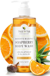 Tree to Tub Citrus Body Wash pump bottle emphasizes easy, hydrating cleanse for dry skin.
