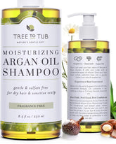 Tree to Tub fragrance free shampoo bottle pour demonstrating gentle hydrating action for sensitive scalps.
